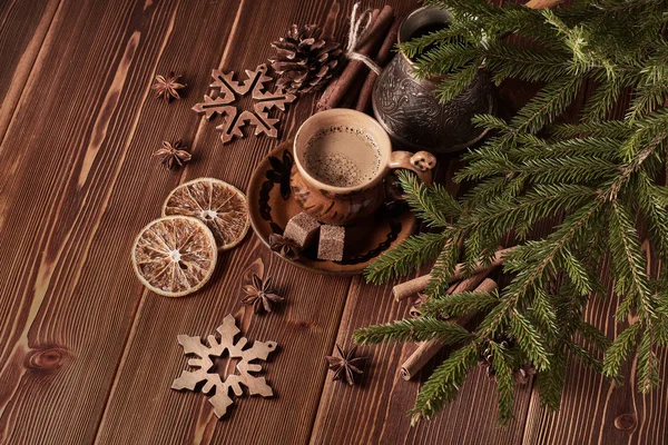 Cup Coffee Fir Tree Branches Decorations Wooden Brown Background Christmas — Stock Photo, Image