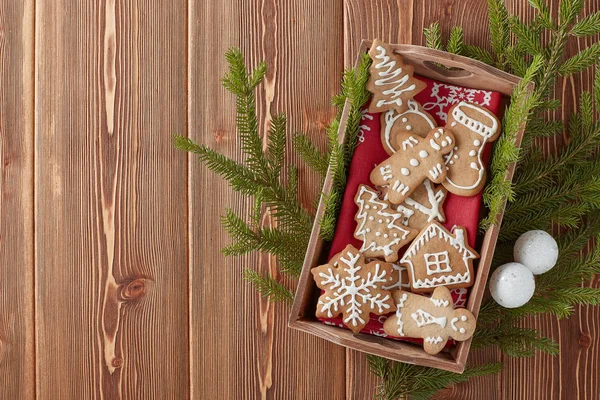 Pães Gengibre Natal Decorações Natal Biscoitos Feitos Mão Bandeja Deitada — Fotografia de Stock