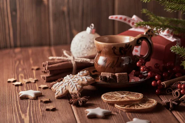 Tazza Caffè Biscotti Pan Zenzero Confezione Regalo Rami Abete Con — Foto Stock