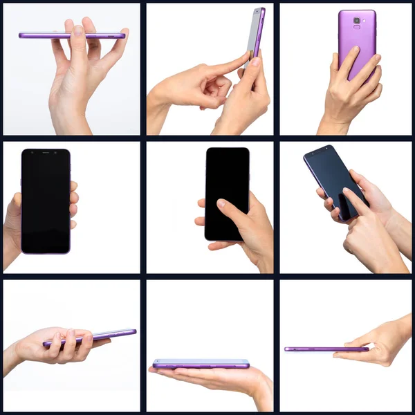 Collage Con Smartphone Mano Mujer — Foto de Stock