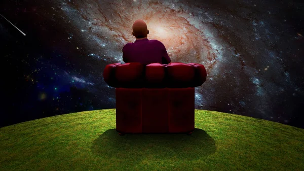 Surreal Composition Man Sits Red Armchair Observes Vivid Galaxy Rendering — Stock Photo, Image