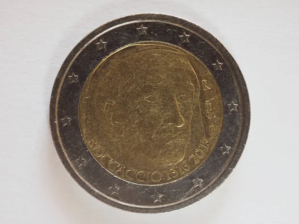 2欧元 欧洲联盟货币 纪念古代意大利诗人博卡西欧的纪念币 — 图库照片