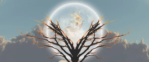 Tree of Life. Mystic tree in moonlight. Ancient ship in the sky.