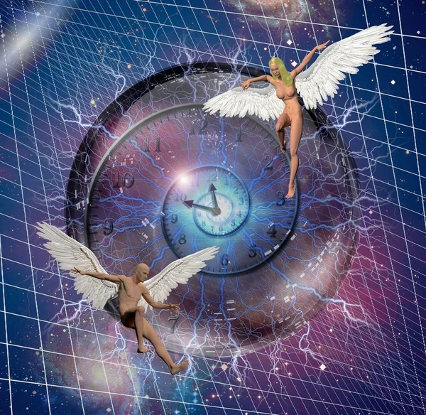 有天使翅膀的男人和女人的形象 时间的螺旋 — 图库照片