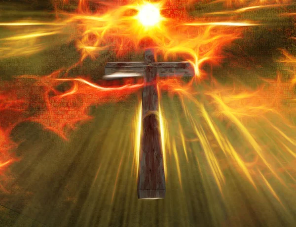 Kříž Visí Nebi Zářící Světlo — Stock fotografie