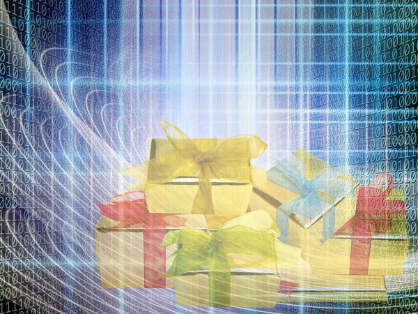 Ilustración Conceptual Del Negocio Internet Código Binario Cajas Regalo Brillantes — Foto de Stock