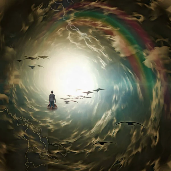 Homem Barco Madeira Túnel Nuvens Com Pássaros Relâmpagos — Fotografia de Stock