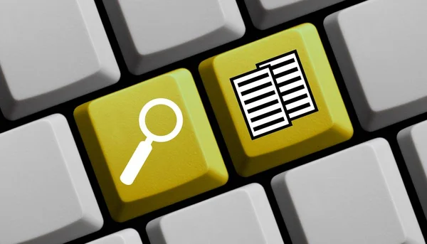 Yellow computer keyboard with magnifier glass showing Documents