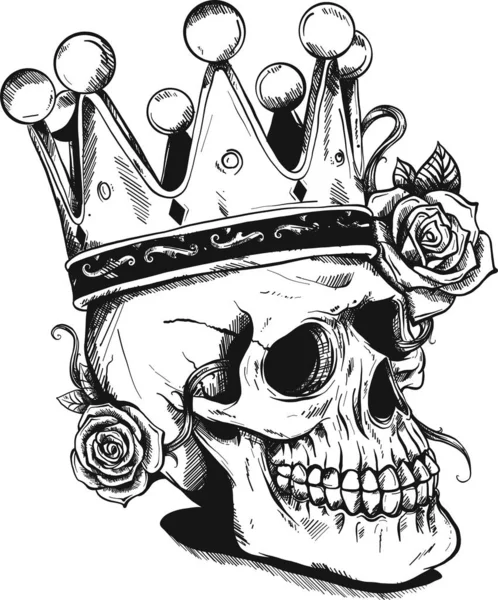 Beautiful romantic skull with crown and elegant wreath of flowers. Ink on aged card vintage background. Tattoo vintage design element. Vector illustration.