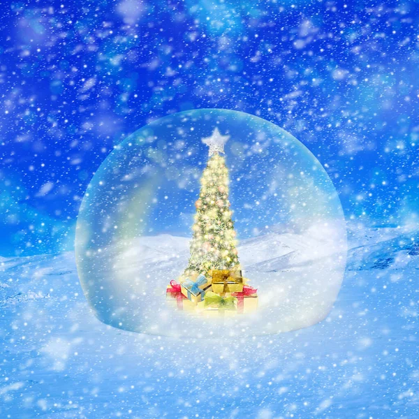 雪に覆われた風景のガラス球にカラフルな照明や装飾品と装飾クリスマスツリーの概念的なイメージ — ストック写真