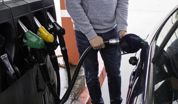 Young Man Refueling Gasoline Car Detail Fuel Charge — Stock Photo, Image