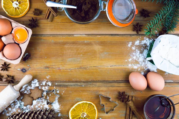 Ingredientes Para Cocinar Horno Navidad Harina Huevos Azúcar Morena Especias — Foto de Stock