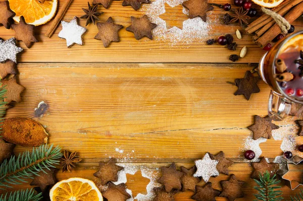 Christmas Composition Gingerbread Cookies Anise Cinnamon Mulled Wine Wooden Table — Stock Photo, Image