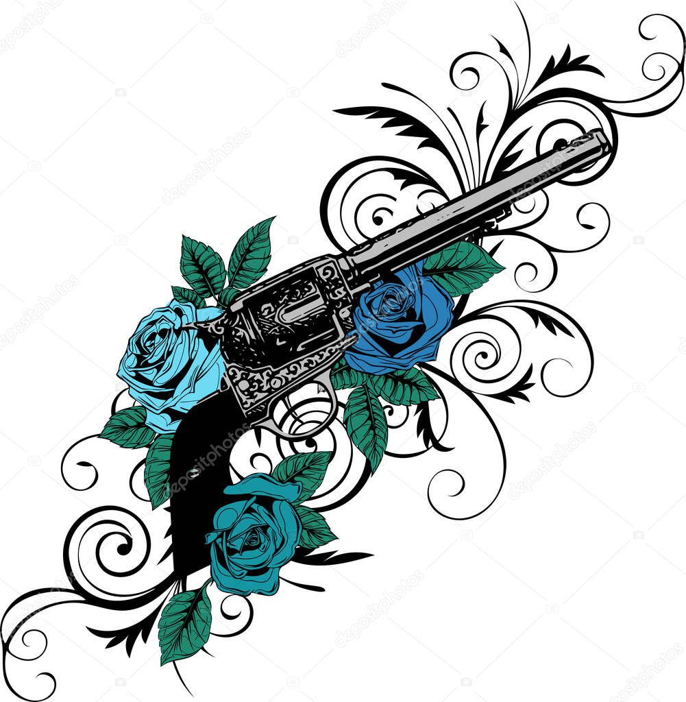 Vector illustration of guns on the flower and ornaments floral