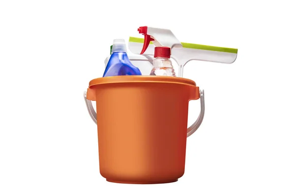 Cleaning Tools Bucket Isolated White Background — Stock Photo, Image