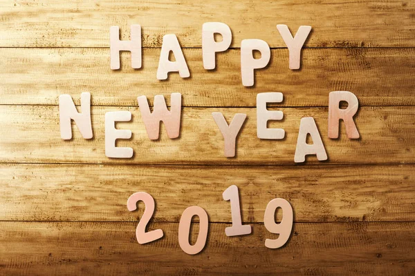 Feliz Ano Novo 2019 Texto Mesa Madeira Feliz Ano Novo — Fotografia de Stock
