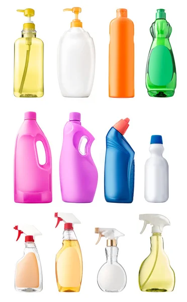 Коллекция Чистящего Средства Бутылки Разным Дисплеем Белом Фоне — стоковое фото