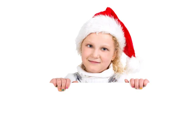 Szczęśliwa Młoda Dziewczyna Kapelusz Świętego Mikołaja Duża Deska — Zdjęcie stockowe