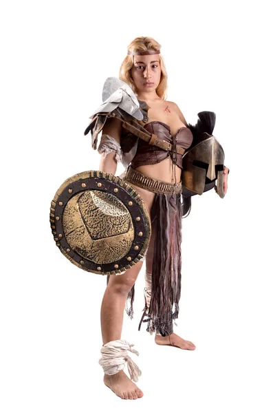 Oude Vrouw Krijger Gladiator Geïsoleerd Het Wit — Stockfoto