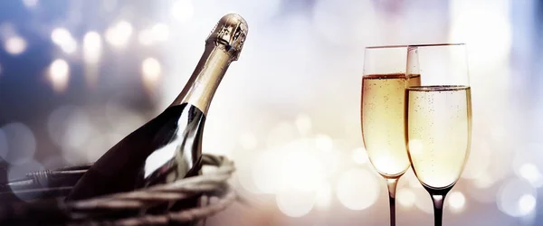 Cheers Bottle Champagne New Year Bokeh Background — Stock Photo, Image