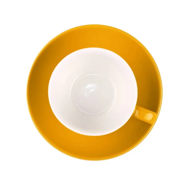 Café Amarillo Vacío Taza Con Platillo Aislado Sobre Fondo Blanco — Foto de Stock