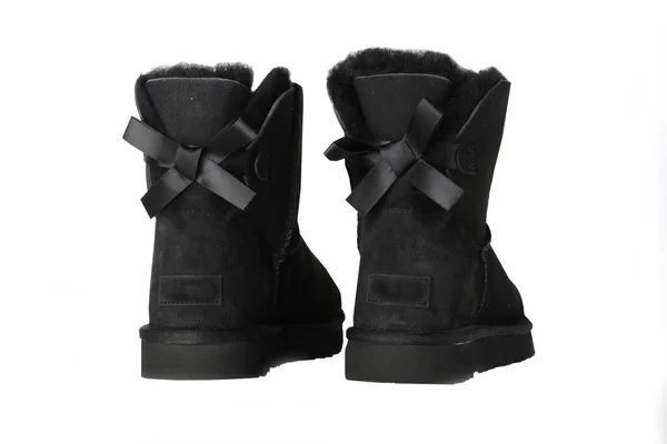 Buty Zimowe Zimowe Skórzane Czarne Zamszowe Parę Buty Pokryte Futrem — Zdjęcie stockowe
