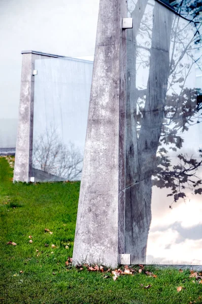 Atracción Arquitectónica Pública Moderna Cemento Ventanas Con Silueta Árbol Reflejada —  Fotos de Stock