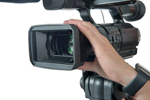 Primo Piano Della Mano Del Cameraman Isolato Uno Sfondo Bianco — Foto Stock