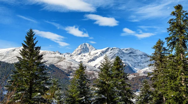 Vista Abetos Los Pirineos Franceses Con Pic Midi Bigorre Fondo — Foto de Stock