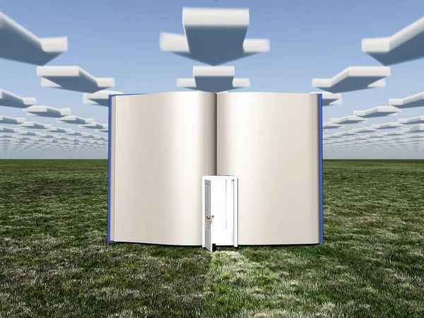 Surrealismo Libro Con Porta Aperta Nuvole Forma Freccia — Foto Stock