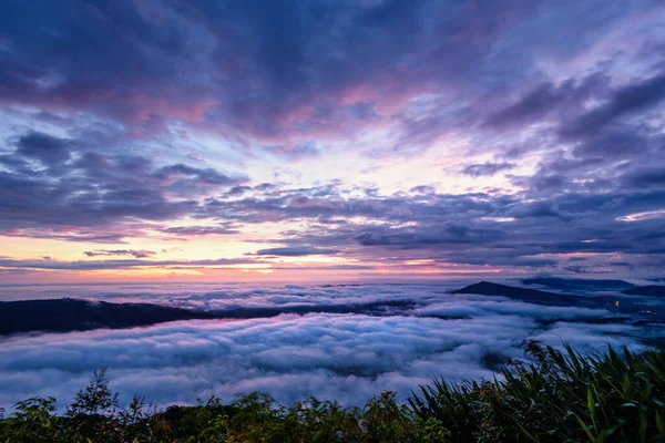 Nádherná Příroda Mlhy Pokrývá Summitu Barevné Nebe Během Východu Slunce — Stock fotografie
