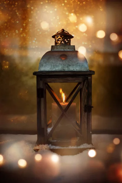 Burning Lantern Snow Christmas Time Festive Golden Bokeh — Stock Photo, Image