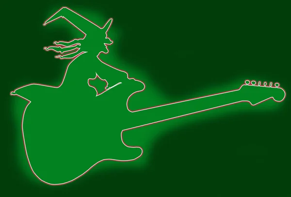 Green Witch Sitting Flying Electric Guitar — Stock Photo, Image