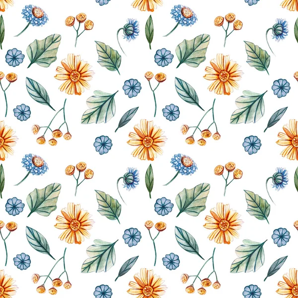 stock image Seamless pattern with watercolor flowers. A gentle summer pattern with wildflowers and leaves will look good on fabric, packaging, cards.