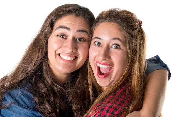 Duas Meninas Posando Juntas Fundo Withe — Fotografia de Stock