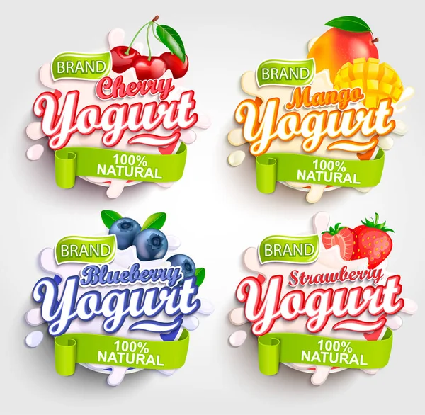 Etiqueta Yogur Mango Cereza Fresa Arándano Con Salpicadura Fresca Natural —  Fotos de Stock