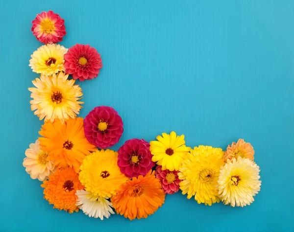 Mezcla Floral Flores Caléndula Anaranjadas Amarillas Flores Dalia Roja Sobre — Foto de Stock