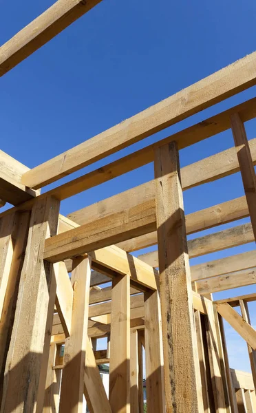 Construction New Frame House Pine Planks Beams Blue Sky Private — Stock Photo, Image