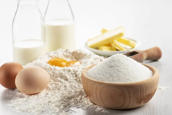 Ingredientes Para Masa Pastelería Mesa Madera Primer Plano Sobre Azúcar — Foto de Stock