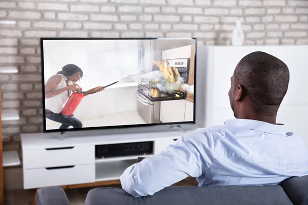 Rear View African Man Watching Television Home — Stock Photo, Image