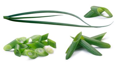 Set of whole and chopped green leek, scallions or spring onions (Allium fistulosum). Clipping paths for each object, shadows separated clipart