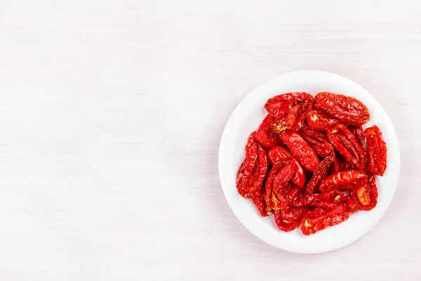 Sun Dried Tomatoes Bleached Wooden Table Top View Flat Lay — Stock Photo, Image