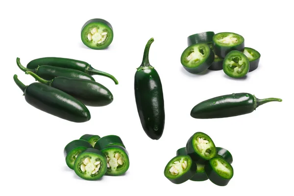 Набір Цільного Нарізаного Зеленого Нестиглий Перець Серано Capsicum Annuum Відсікаючі — стокове фото