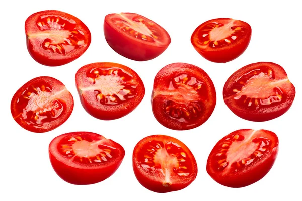 Set Segar Setengah Cherry Tomatoes Solanum Lycopersicum Memotong Tapak Bagi — Stok Foto