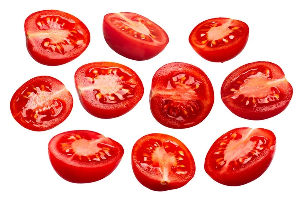 Set Frischer Halbierter Kirschtomaten Solanum Lycopersicum Schneidpfad Für Jede Hälfte — Stockfoto