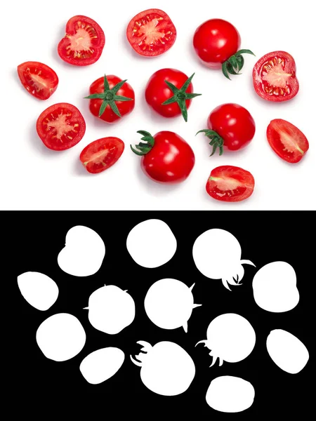 Globe Tomaten Geheel Midden Gesneden Top Uitzicht Uitknippaden Schaduw Gescheiden — Stockfoto