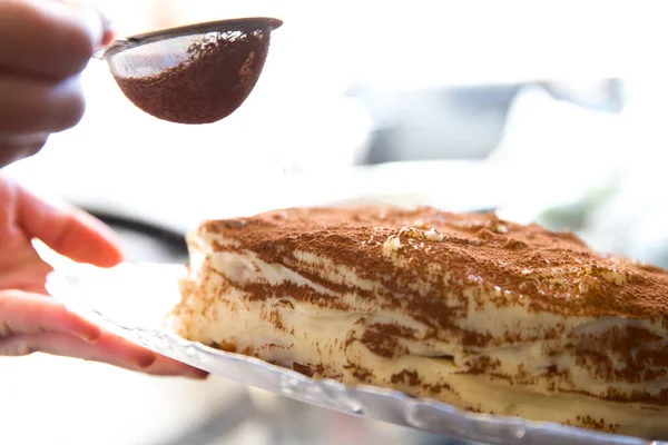 Delicious Tiramisu Cake Chocolate Powder Top — Stock Photo, Image