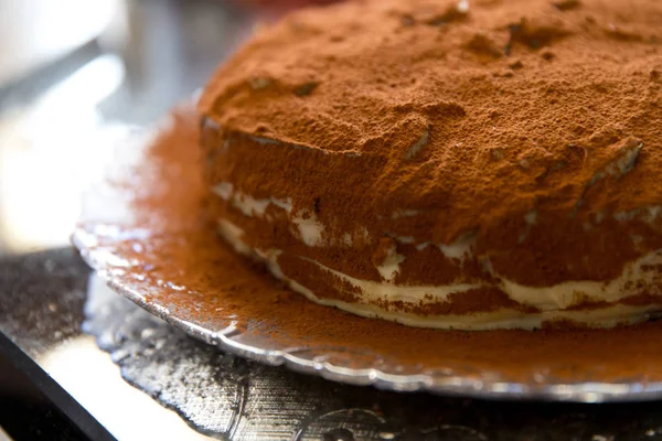 Νόστιμο Κέικ Τιραμισού Σκόνη Σοκολάτας Στην Κορυφή — Φωτογραφία Αρχείου
