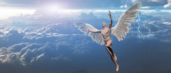 Surrealismus Mann Mit Engelsflügeln Fliegt Bewölkten Himmel — Stockfoto