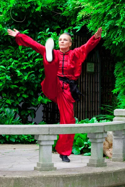 Guapa Chica Practicando Kung — Foto de Stock